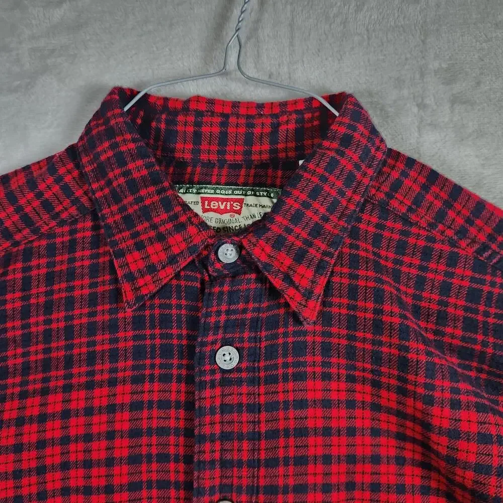 Levis Plaid Flannel Long Sleeve Button‎ Up Shirt Red Blue Size Medium Cotton